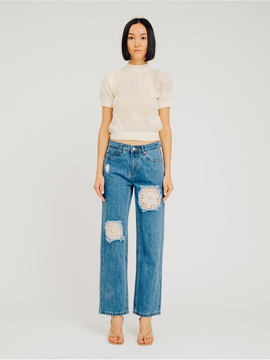 Torn by Ronny Kobo Denim - Torn by Ronny Kobo Medium Blue Straight Leg Jeans with Crochet Patches